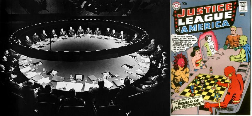 Кадр из фильма «Доктор Стрейнджлав, или Как я научился не волноваться и полюбил атомную бомбу» / Обложка первой «Лиги справедливости»